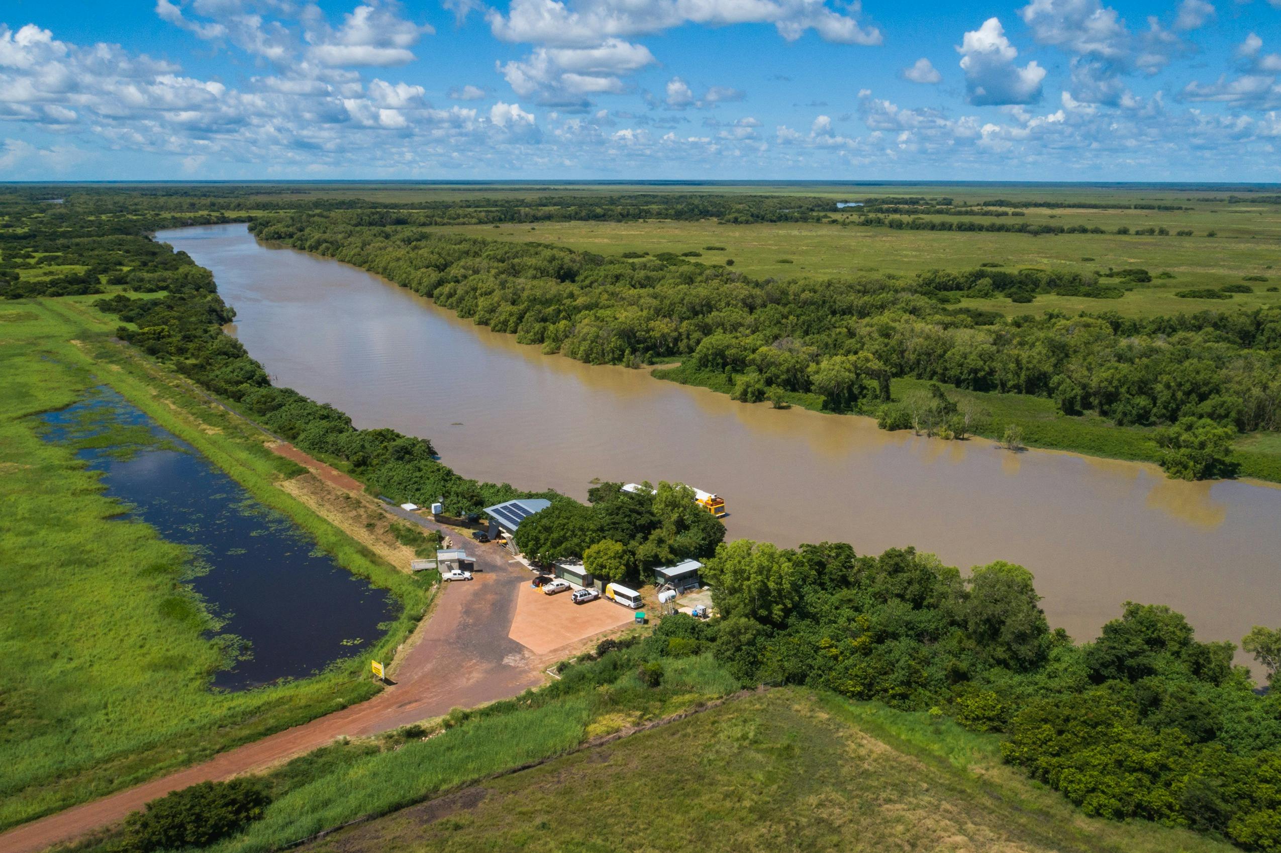 Aerial view of facilities on the bank of the Adelaide River