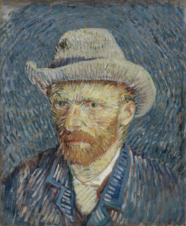 Autorretrato pintado de um homem de barba ruiva, com um chapéu e um casaco azul, sobre um fundo azul texturado.