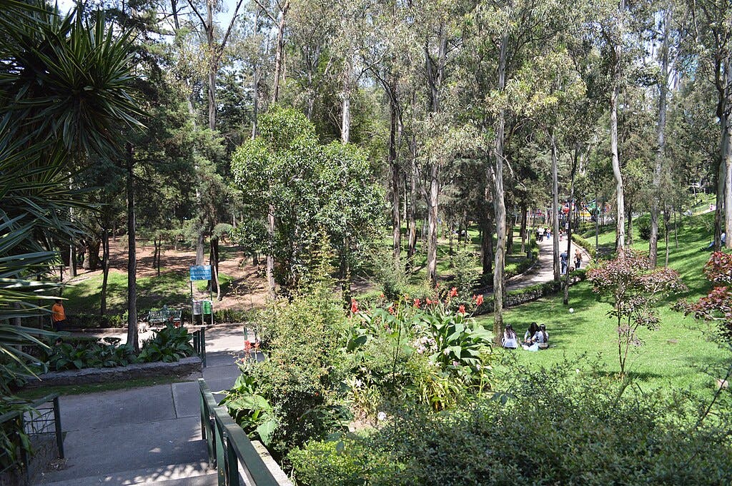 Park with large trees, bushes, and walking paths. People are strolling, and a group is sitting on the grass.