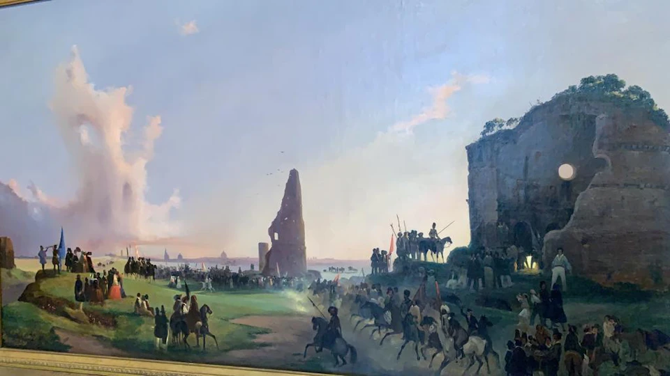 A historical battle scene with soldiers on horseback, a ruined tower, grassy landscape, and a large formation of soldiers.