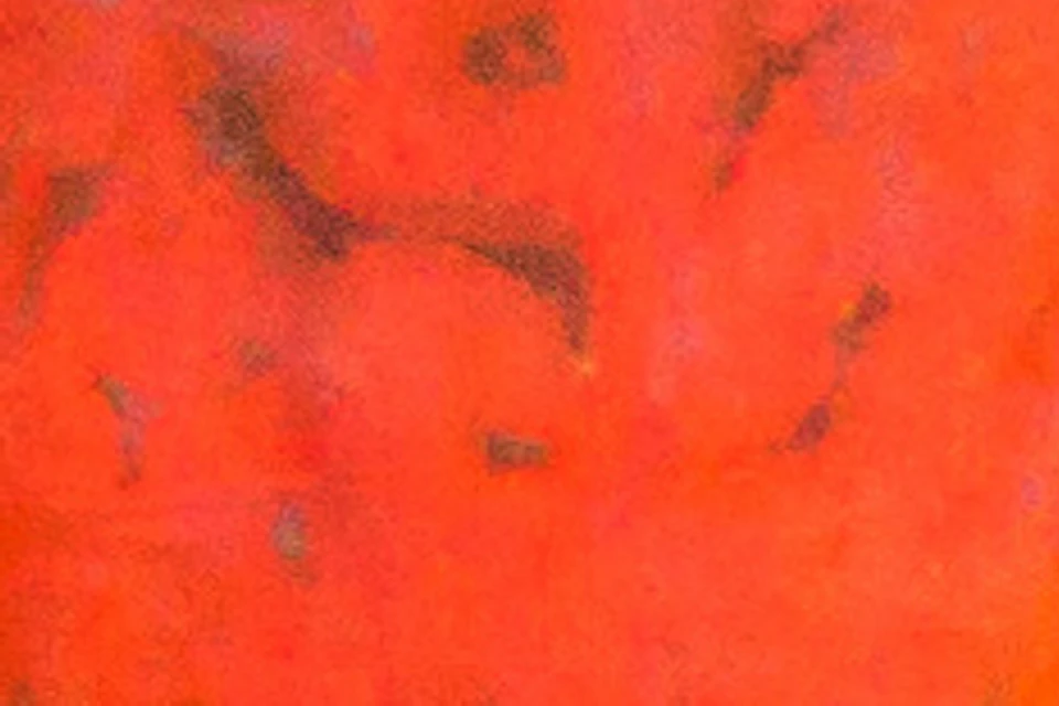 Ancient fresco depicting several figures in classical attire, engaging in various activities, on a red and gold background with intricate borders.
