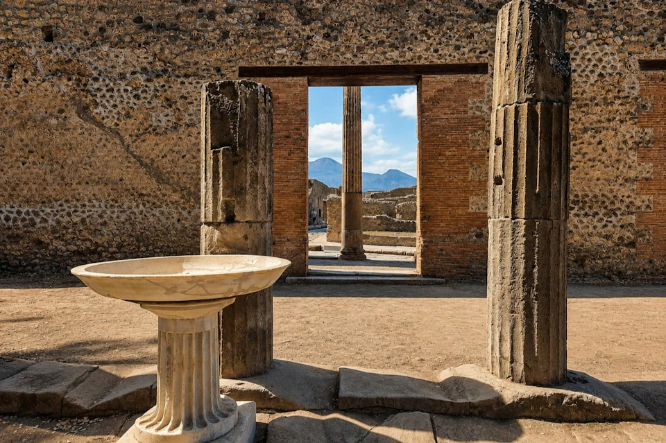 Ancient ruins featuring a stone basin in the foreground and an arched doorway with columns and mountains in the background.