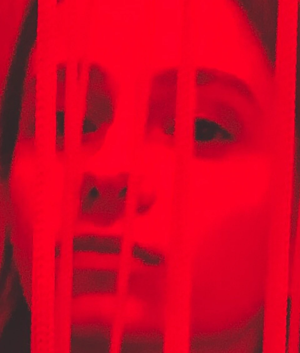 A person stands behind numerous red vertical strings, creating a dramatic and abstract visual effect. They appear partially obscured.