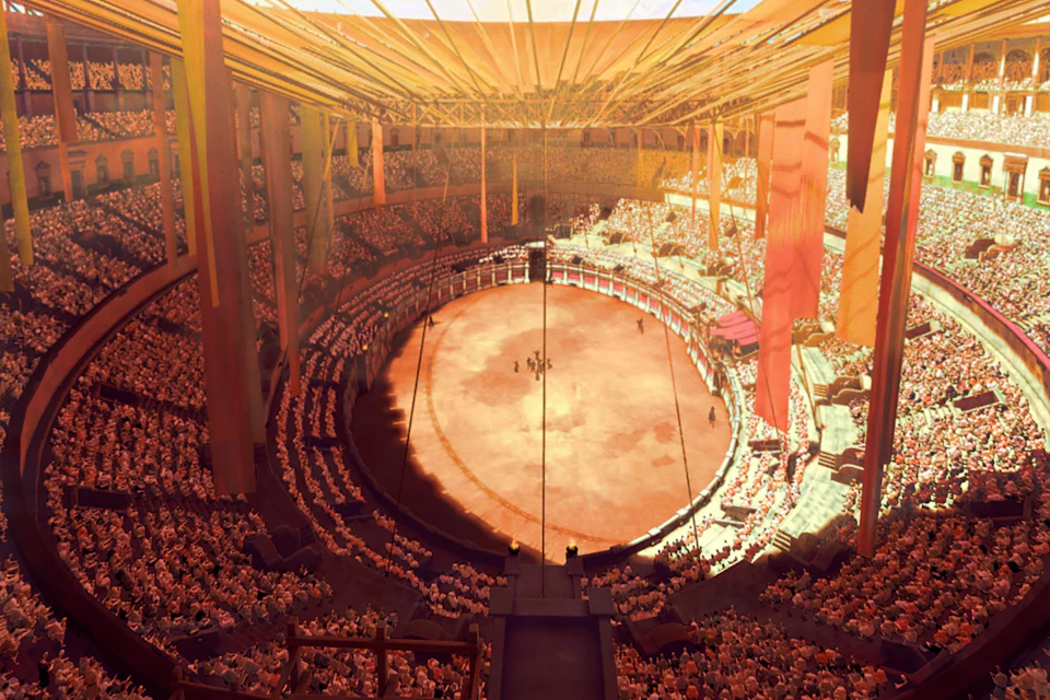 A large, circular amphitheater filled with an audience and a performance happening in the center under warm lighting.