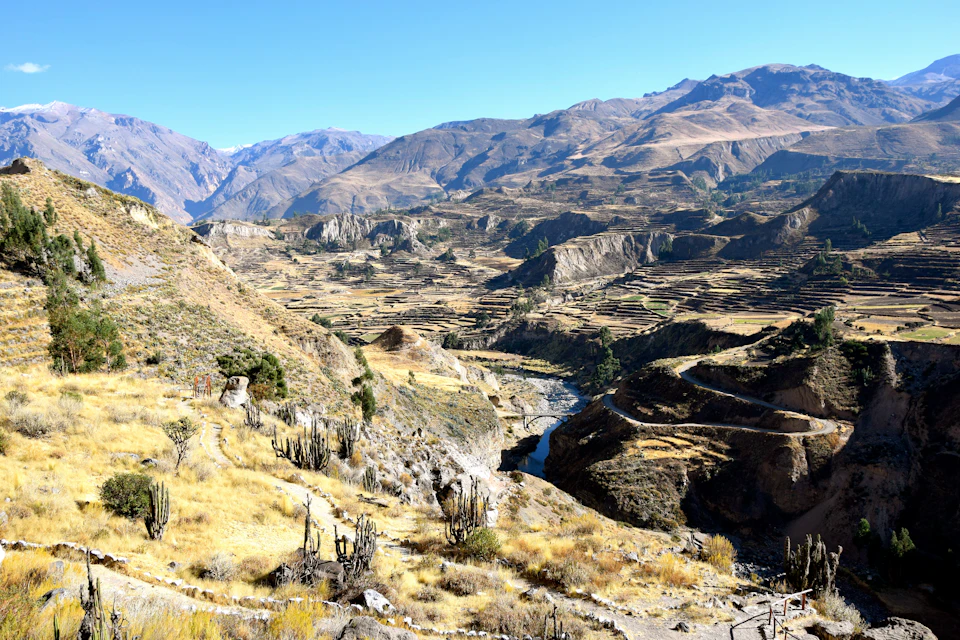 Rocky, arid landscape with terraced hills, winding dirt paths, sparse vegetation, and distant mountain range under a clear blue sky.
