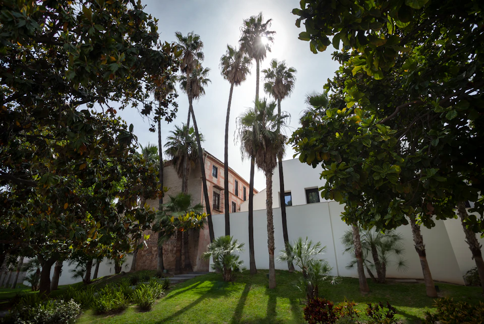 Tall palm trees and lush greenery in front of a historic building with a white wall under a bright sky.