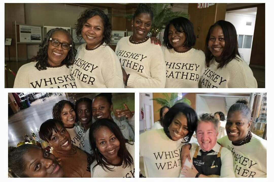 A collage of three photos showing a group of people smiling, with some wearing sweaters labeled "Whiskey Weather."