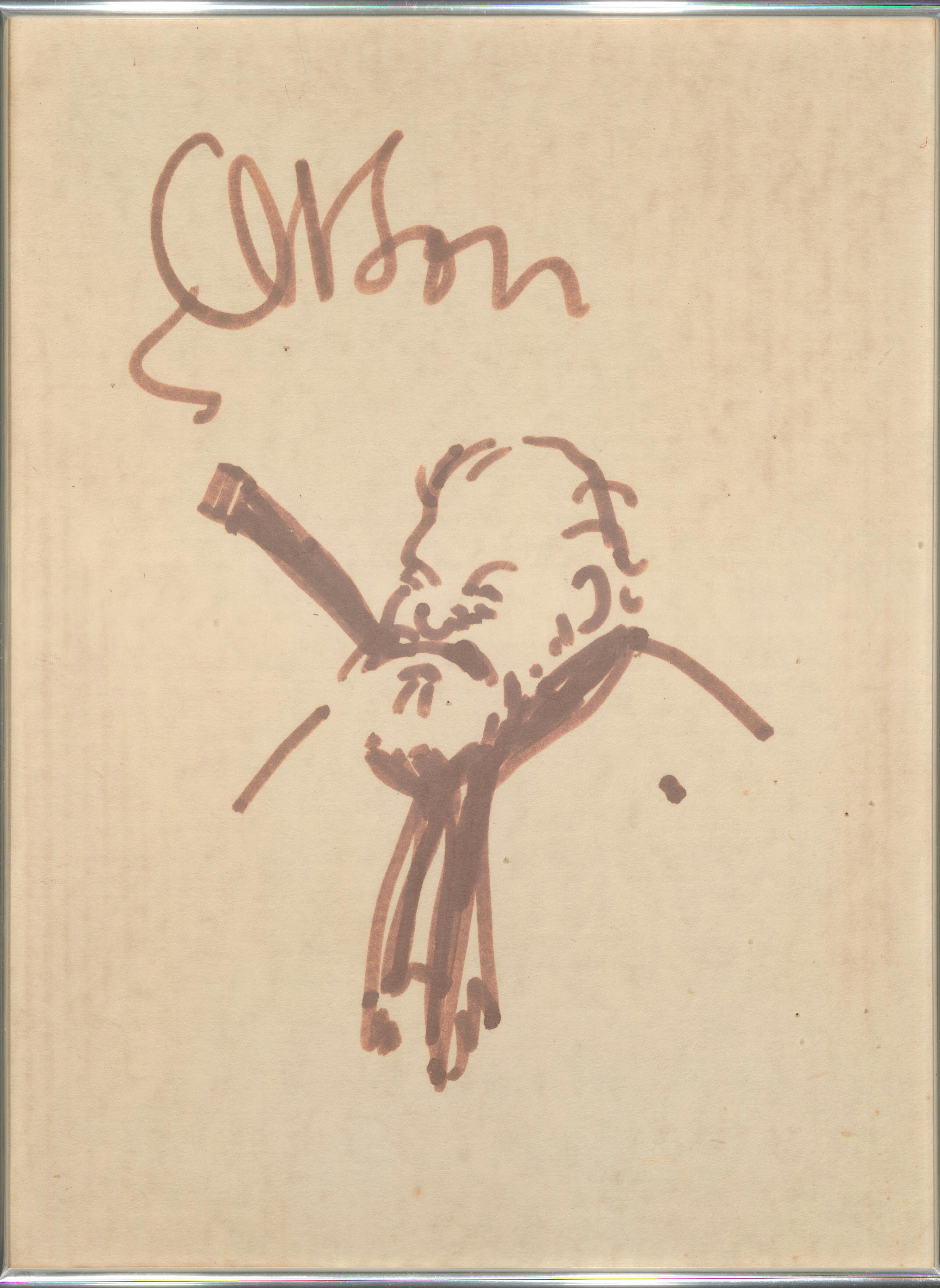 Sencillo dibujo lineal de un hombre barbudo fumando un puro, con una firma sobre su cabeza sobre un fondo liso.