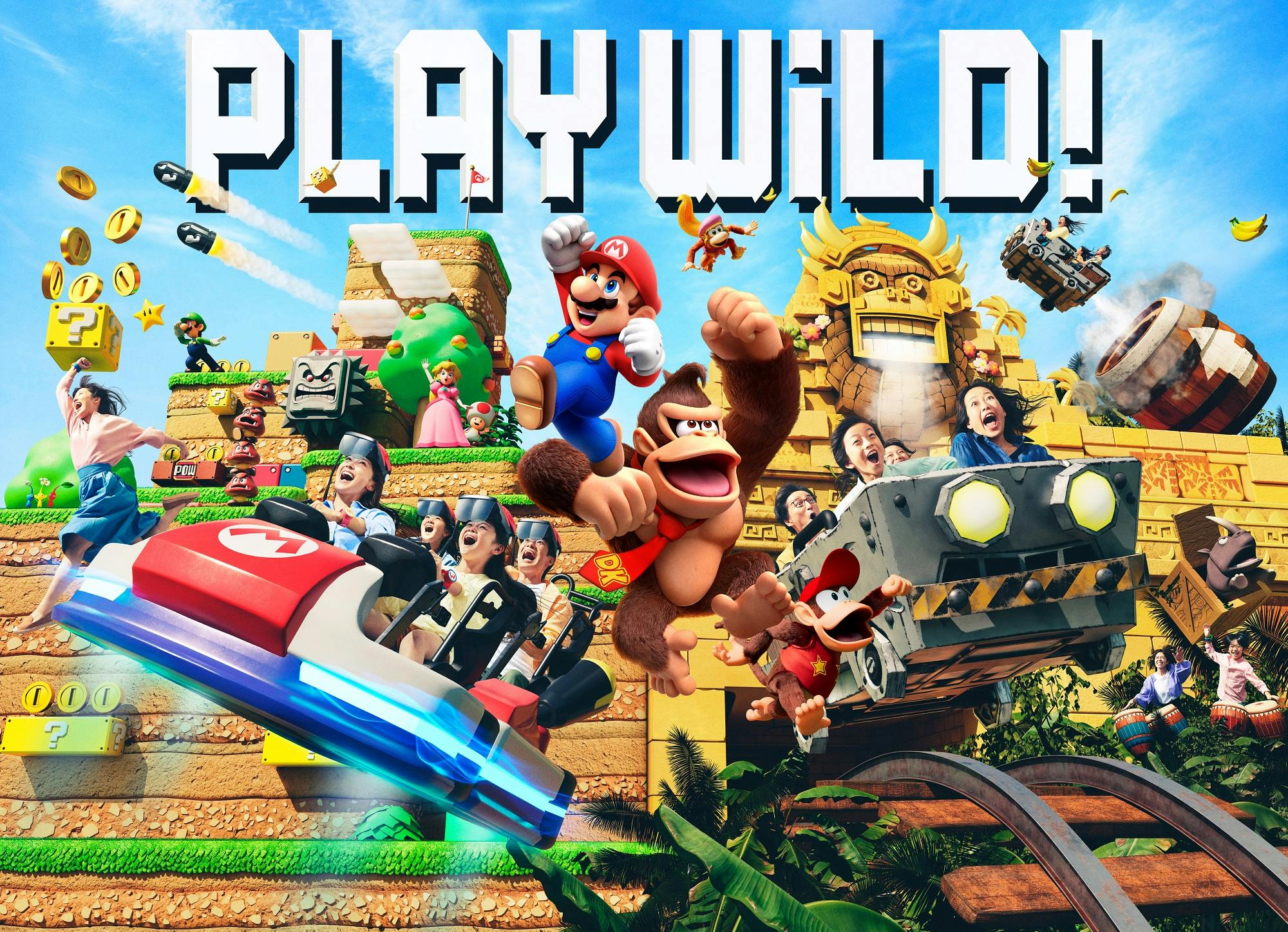 Postavy z Mario her, včetně Maria a Donkey Konga, s lidmi na jízdách. Text „PLAY WILD“ je nahoře.