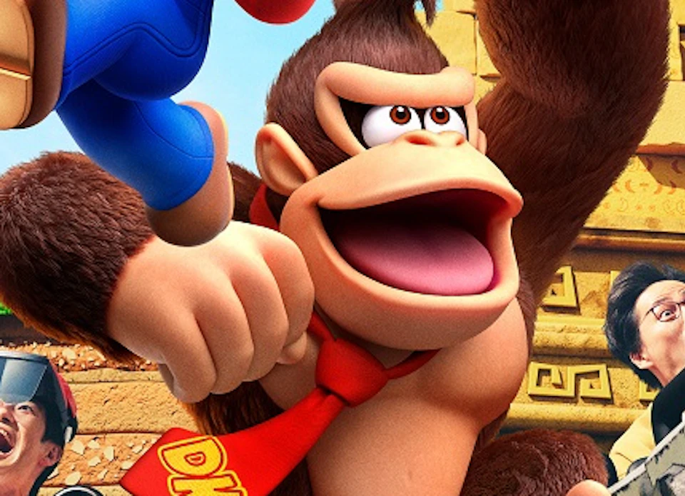 Characters from Mario games, including Mario and Donkey Kong, with people on rides. The text "PLAY WILD" is at the top.