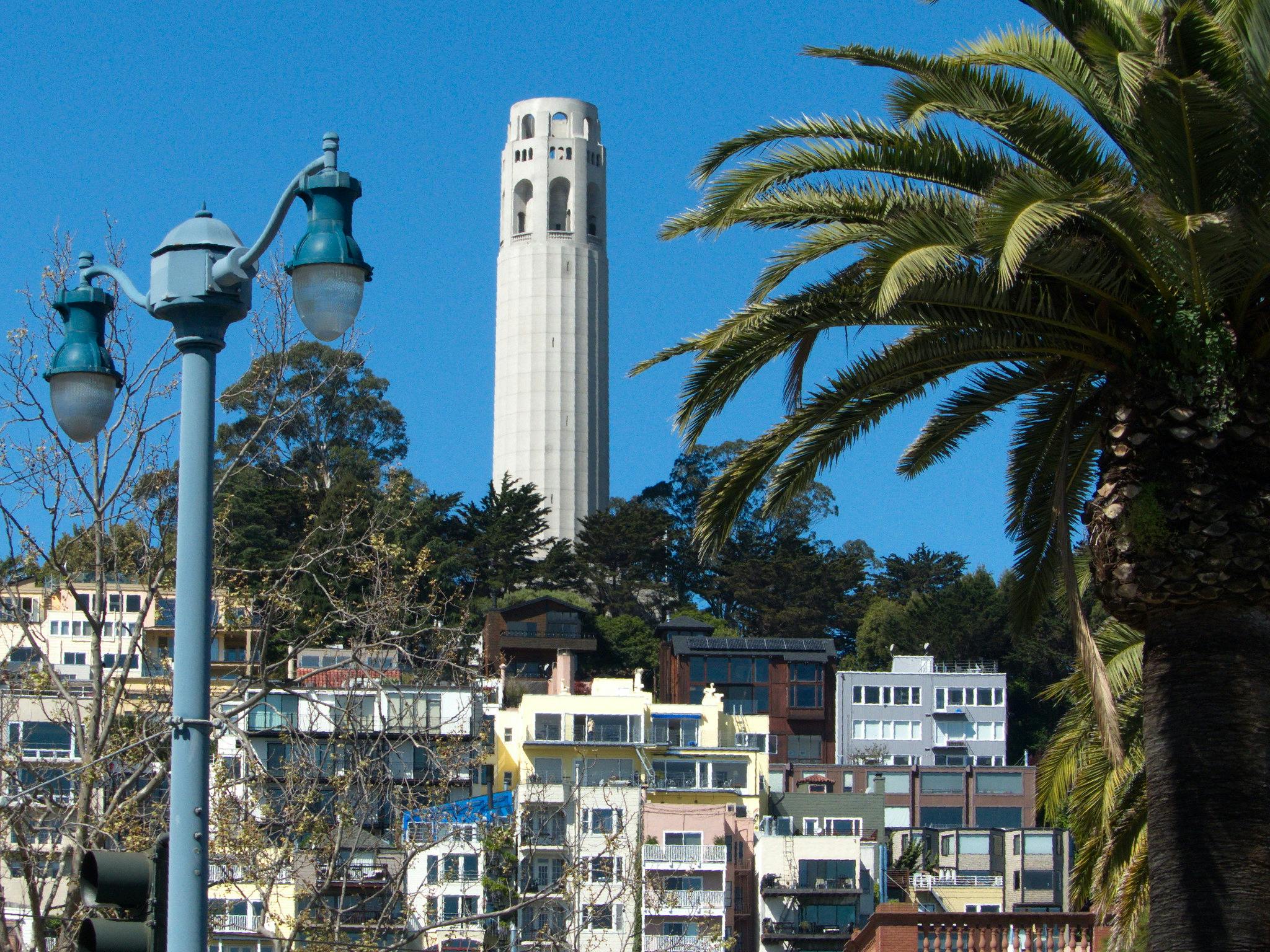 Uma torre alta e branca ergue-se sobre um bairro numa encosta com casas coloridas, emoldurada por uma palmeira e um candeeiro de rua.