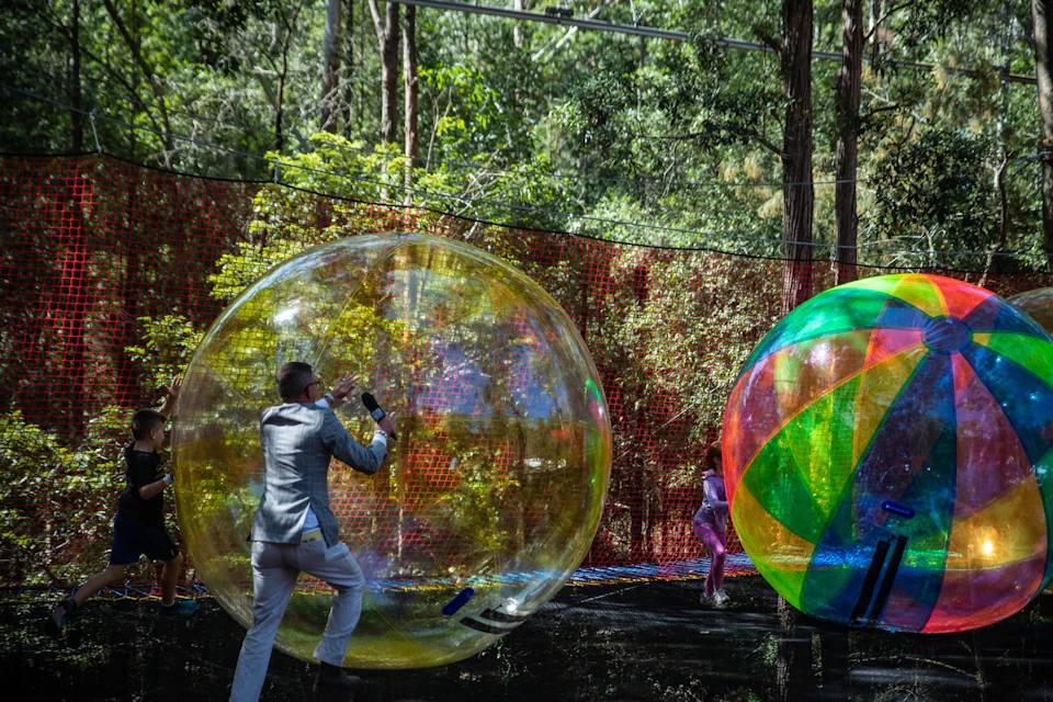 Two individuals inside large, transparent inflatable balls outdoors, with trees and a mesh fence in the background.