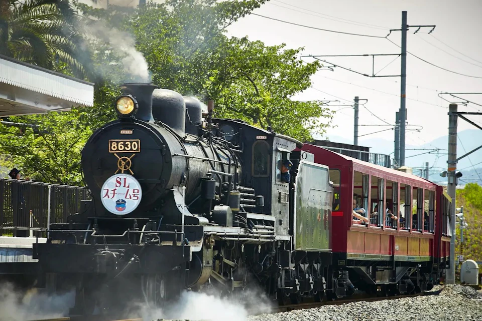 A black steam locomotive with the number 8630 pulling red passenger cars on a sunny day, with trees in the background.