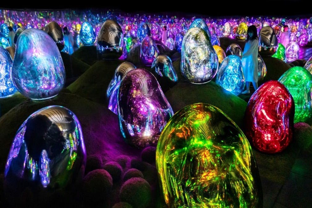 人们在黑暗的草地上漫步在大型、发光、五彩缤纷的蛋形雕塑之间。