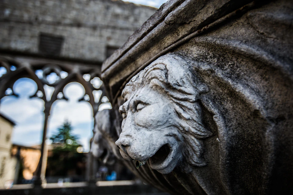 Close-up of a stone lion head sculpture with architectural ruins and trees blurred in the background.