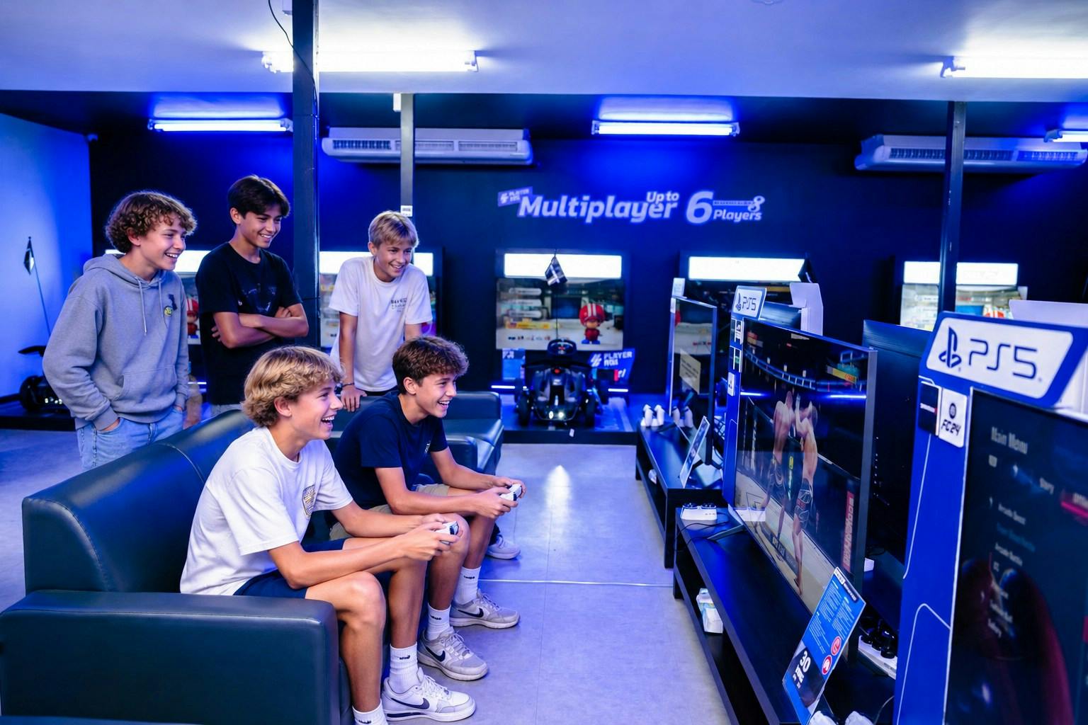 A group of young men playing video games on consoles in a gaming lounge with blue lighting and multiple screens.