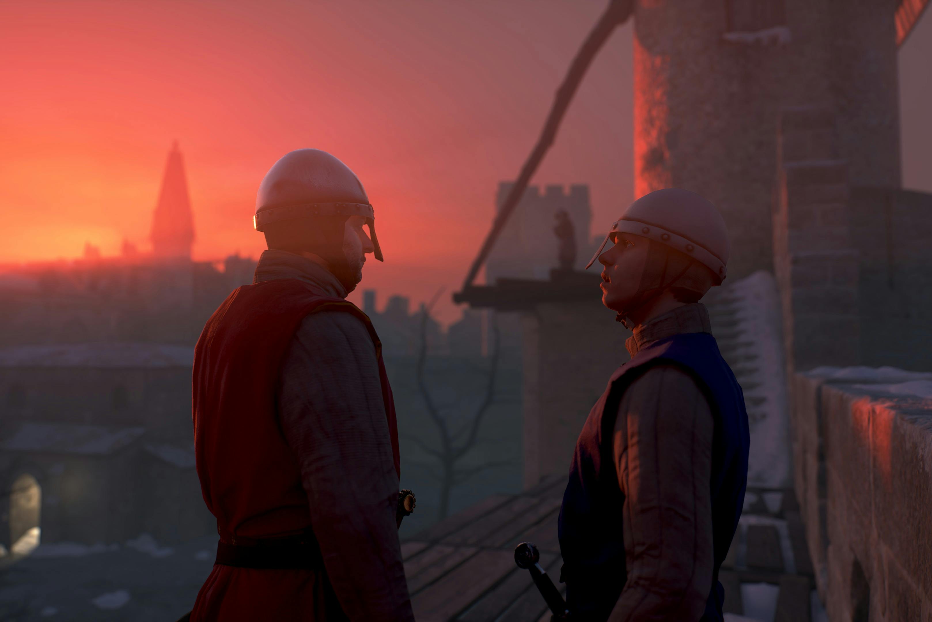 日落时分，两名身穿盔甲的男子在城堡屋顶上面对面，远处有一座塔楼，背景中可以看到另一个人物。