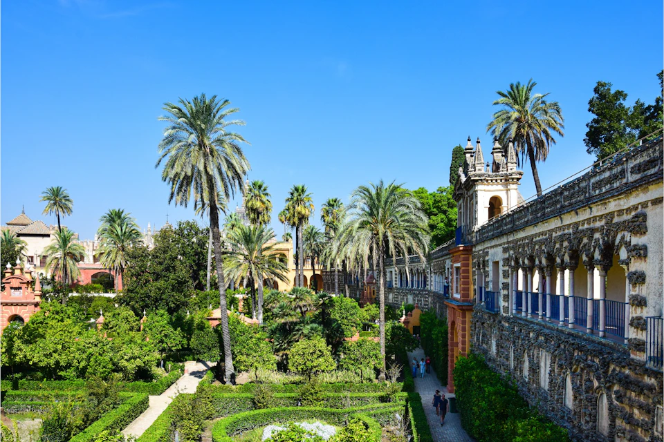 A lush garden with tall palm trees and hedges, bordered by ornate architecture under a clear blue sky.