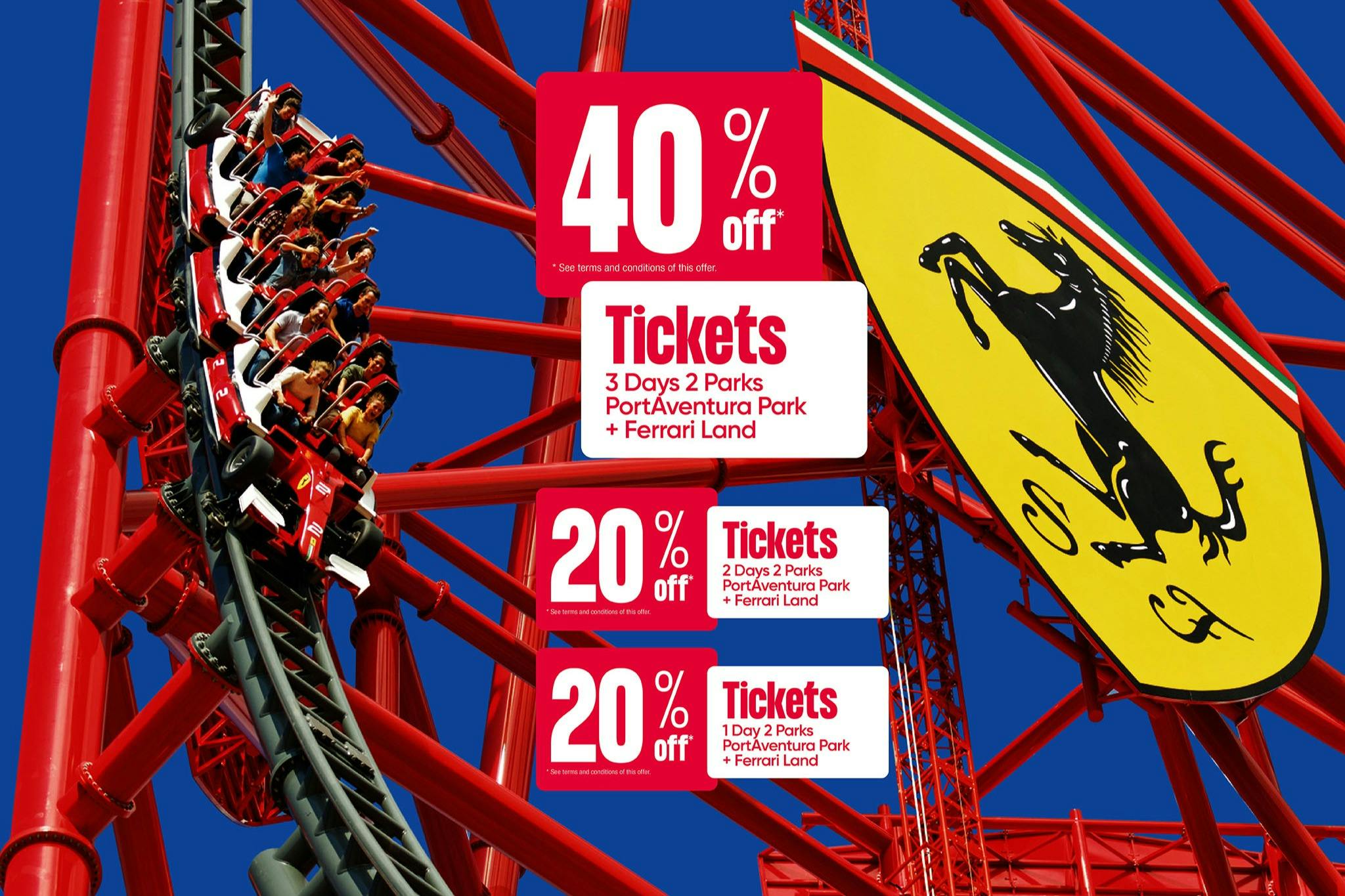 Immagine promozionale che mostra gli sconti sui biglietti per PortAventura Park e Ferrari Land, con un ottovolante rosso sullo sfondo.