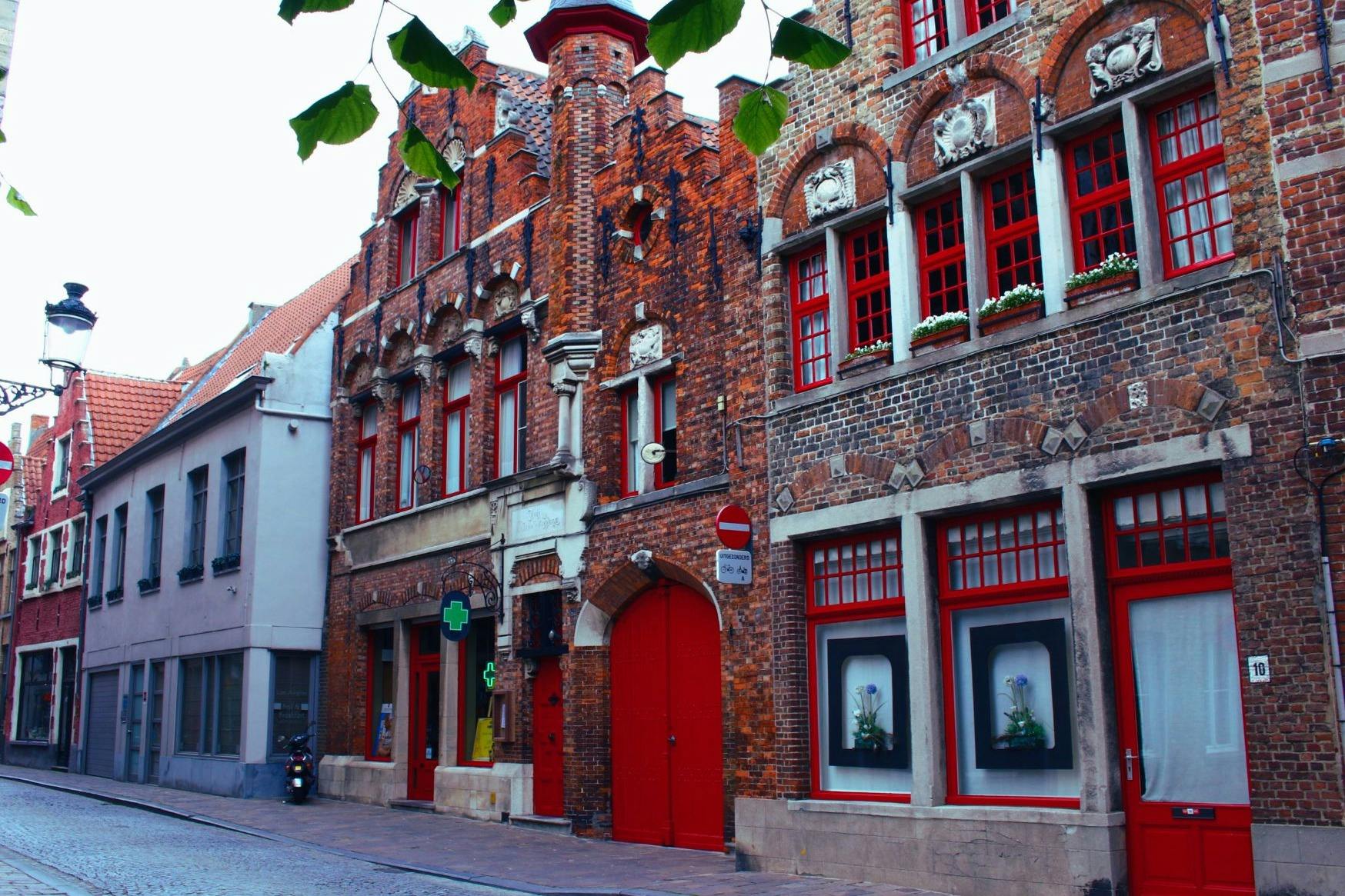 一排排古老的砖砌建筑，门窗为红色，其中一栋设有药房标志和绿色十字架。 树叶挂在上面。安静的街道。