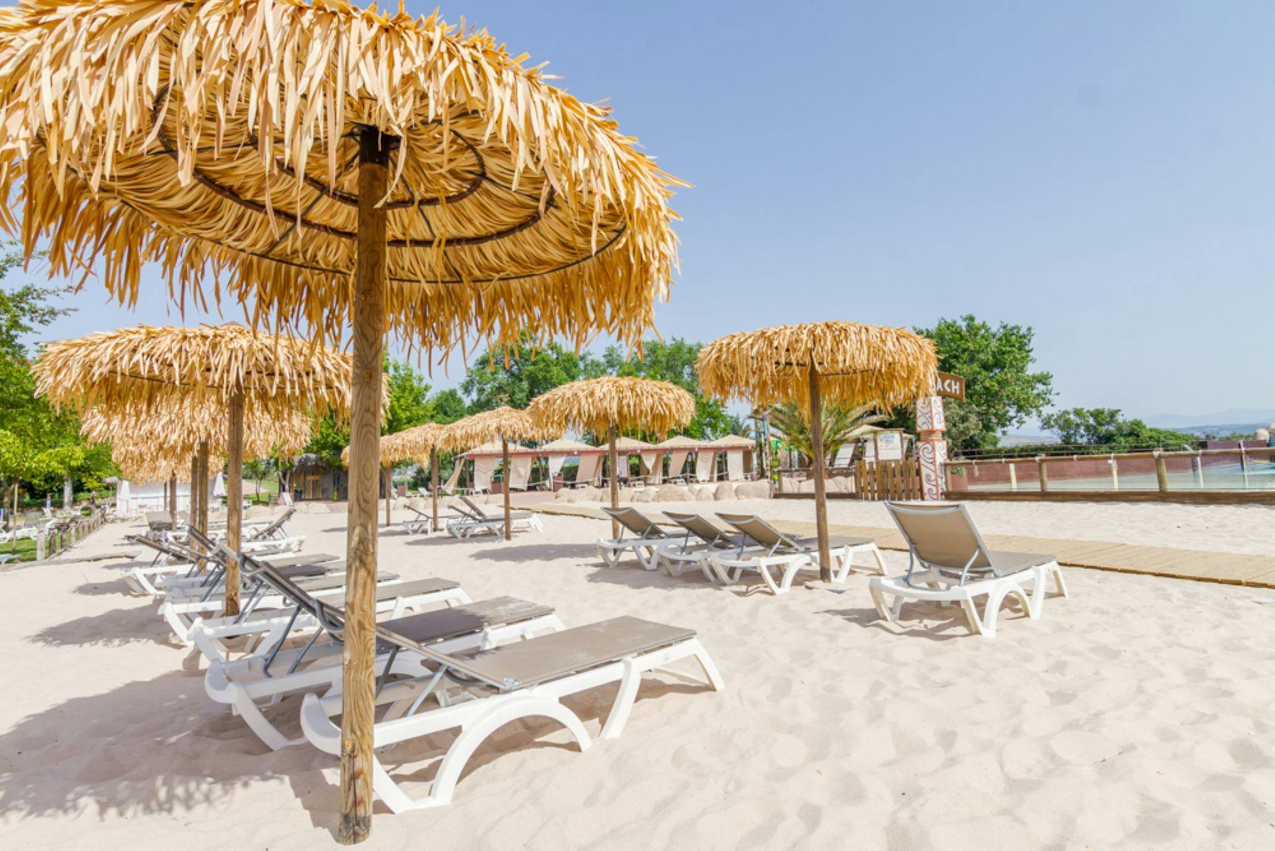 Une plage de sable avec des parasols en paille et des transats blancs sous un ciel bleu limpide, entourée d'arbres et de bâtiments.