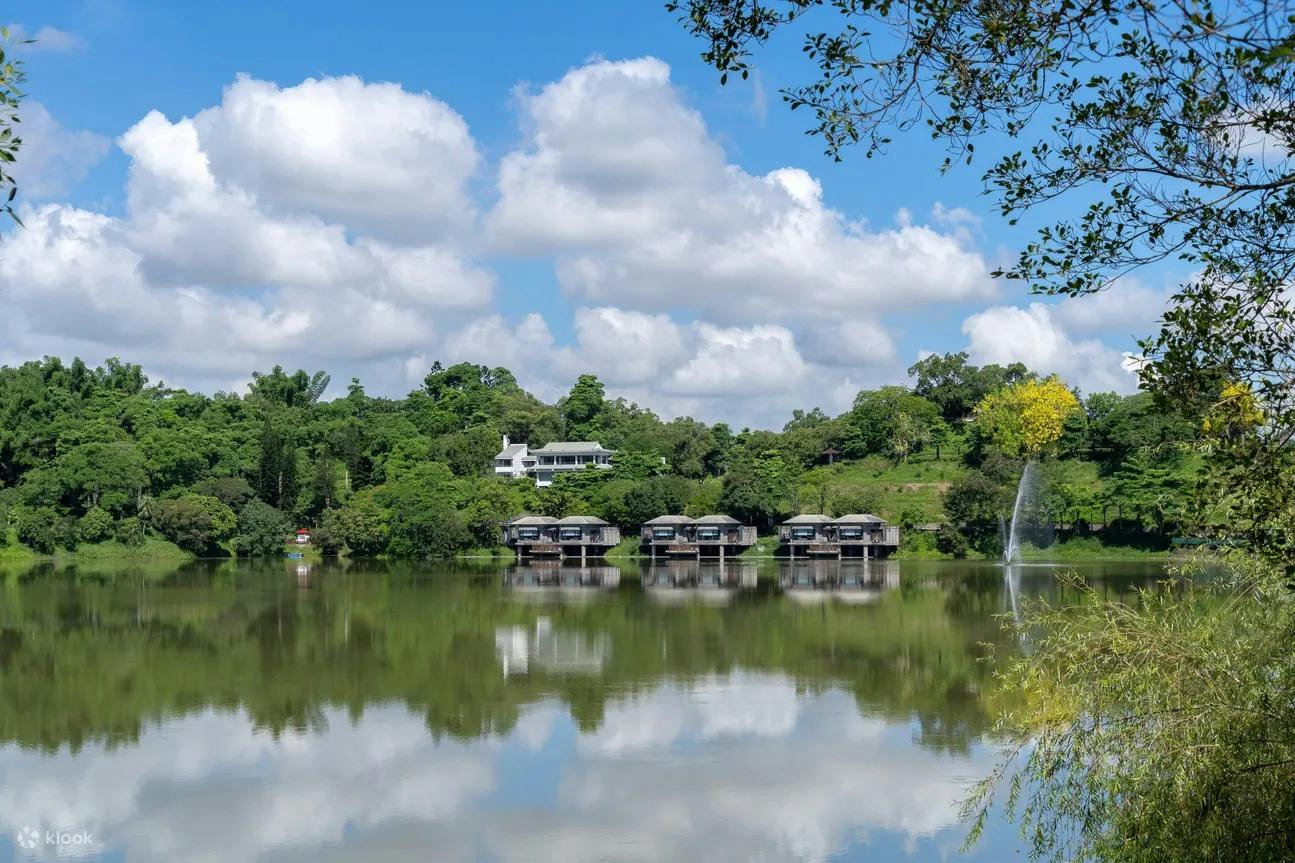 A serene lake reflects modern houses on stilts, surrounded by lush greenery under a blue sky with scattered clouds.