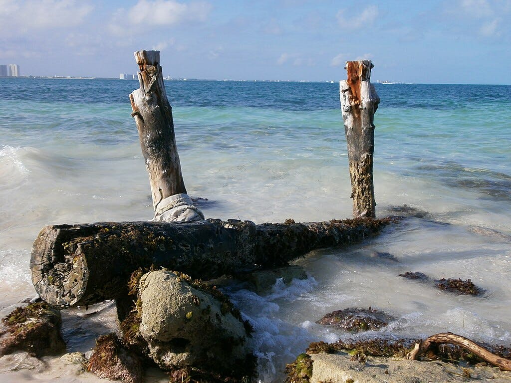 浅瀬に3本の風化した木製の柱、海藻で覆われた岩、地平線上の遠くの建物があるビーチシーン。