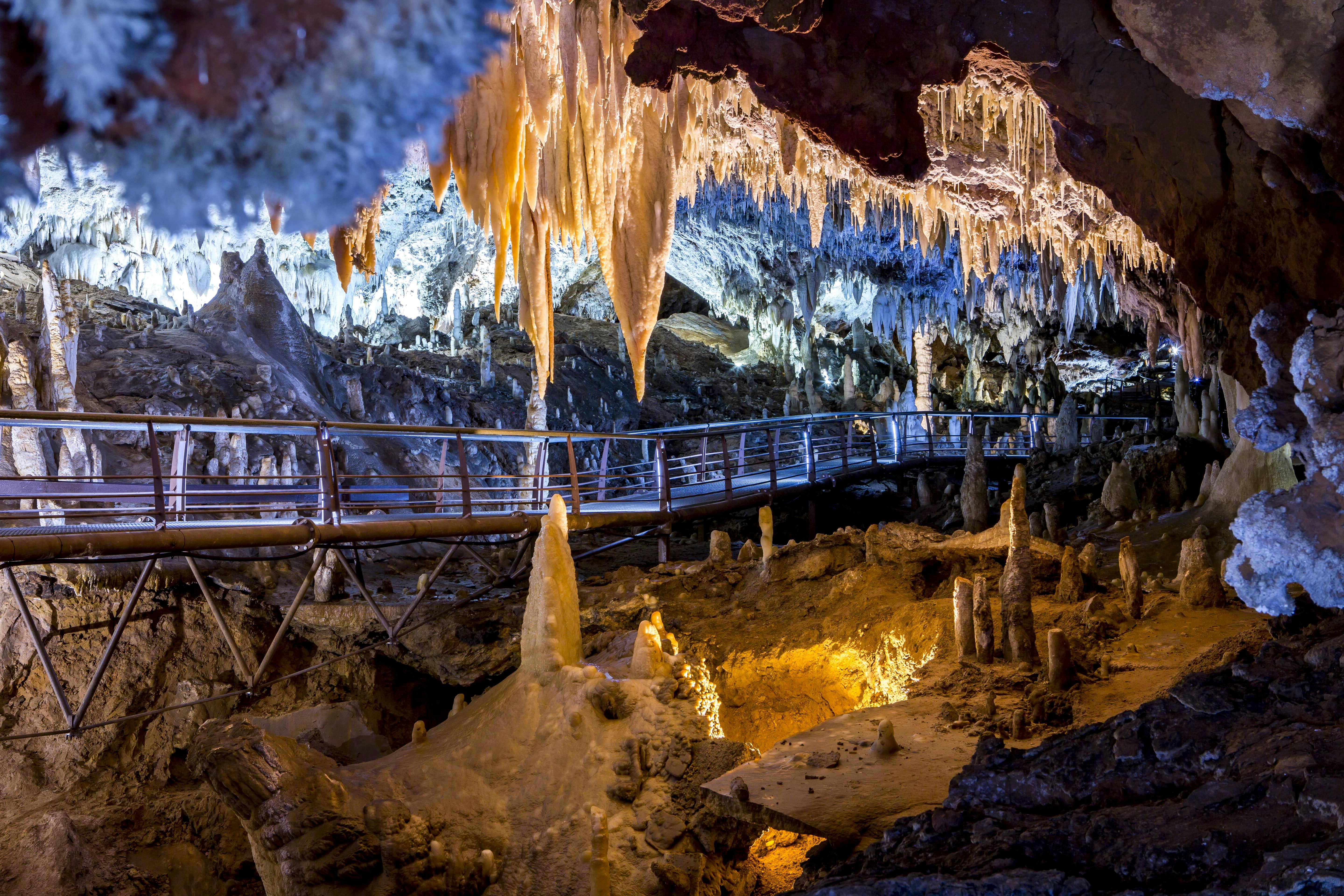 En stor hule med mange stalaktitter og stalagmitter, oplyst af kunstig belysning, med en gangbro i træ til besøgende.