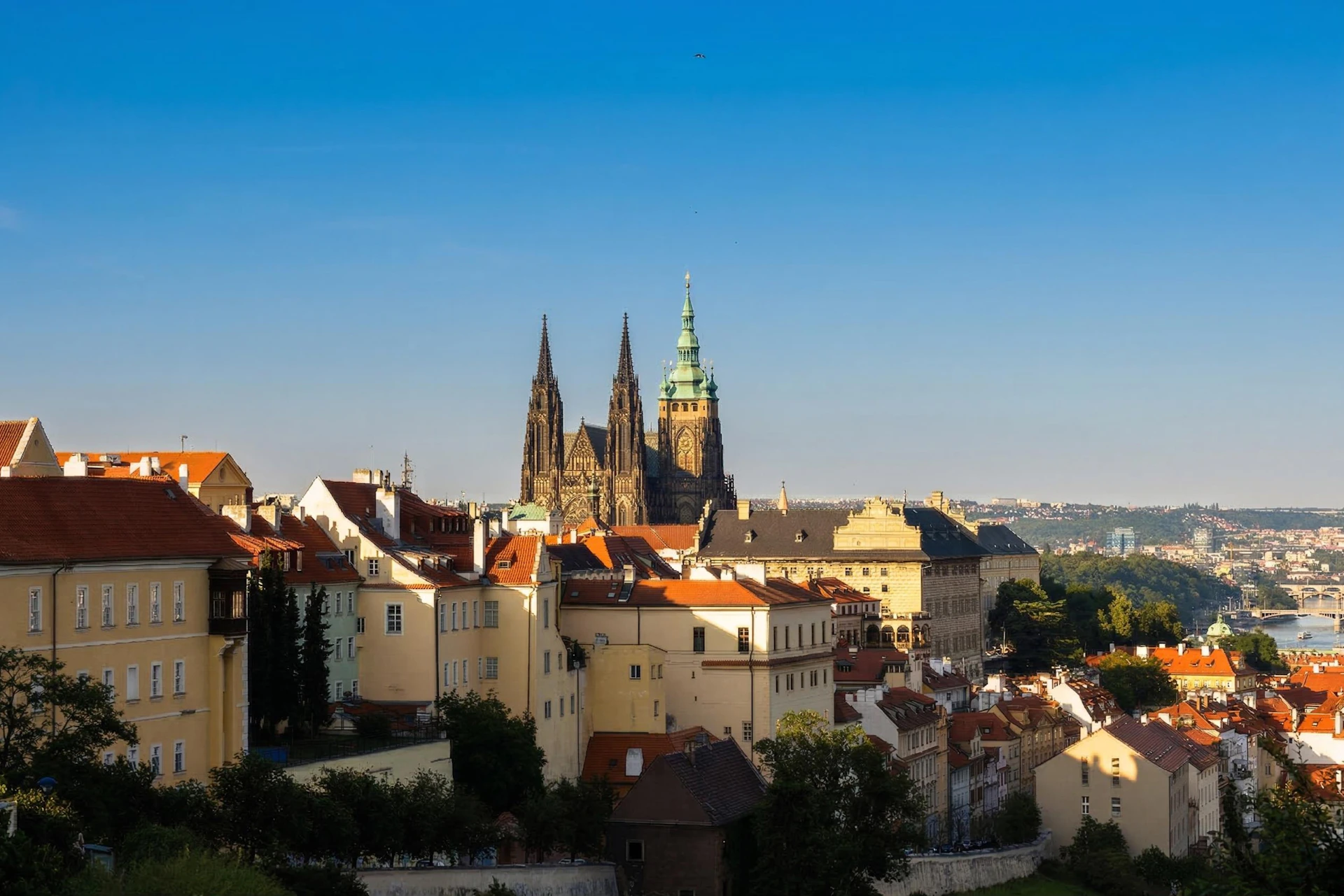 View of a cityscape with historic buildings and a cathedral with tall spires under a bright blue sky.