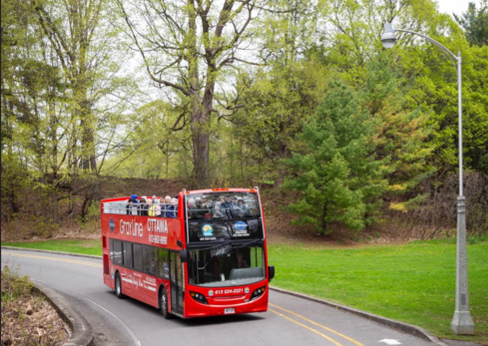 A red double-decker tour bus with passengers on the top deck drives on a curved road in a park-like setting.