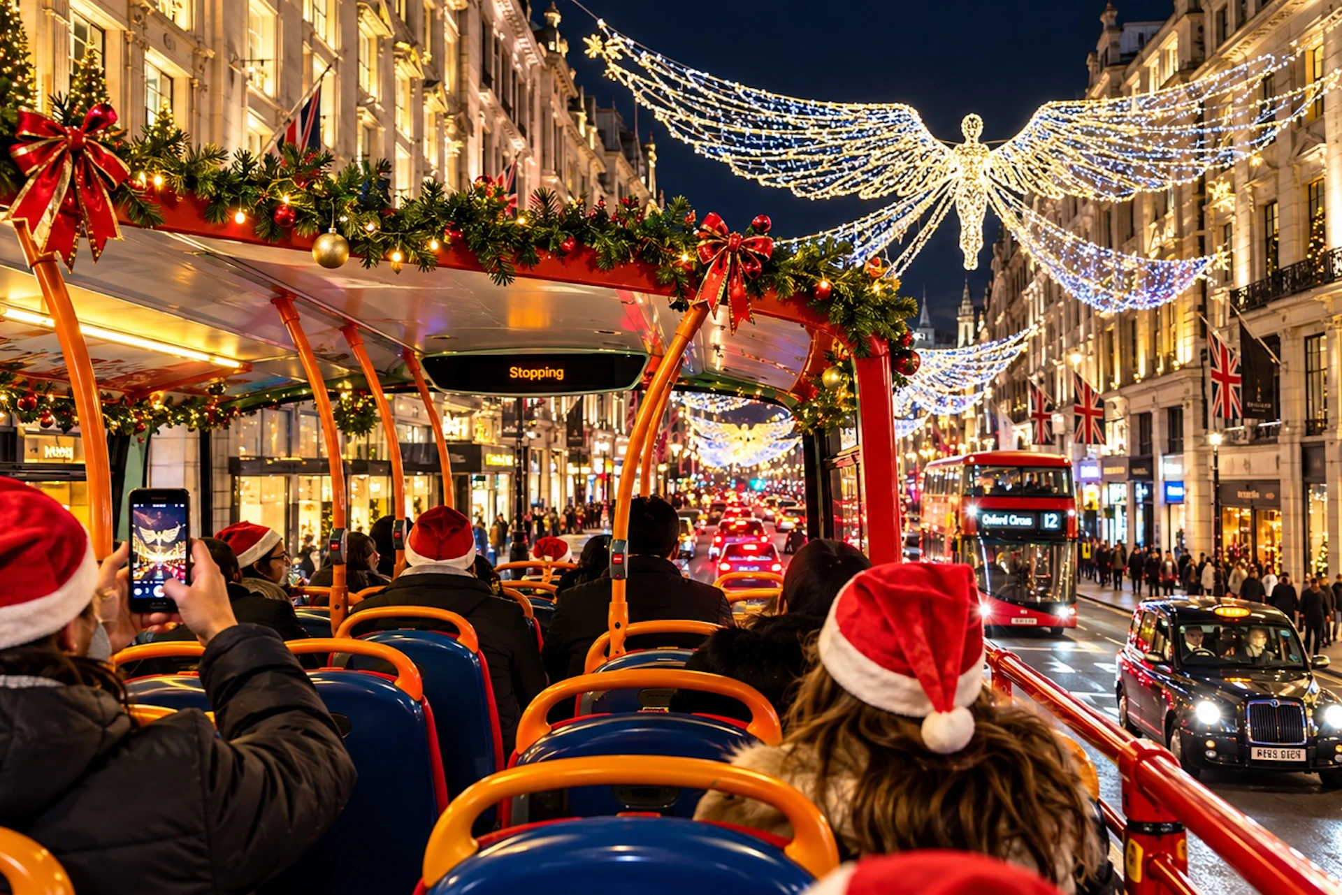A view from a decorated double-decker bus during a festive evening, showing passengers in Santa hats and city lights.