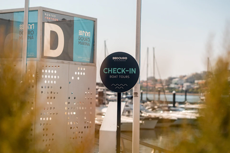 A check-in sign for boat tours at a marina, with docks, boats, and a background of a waterfront town visible.