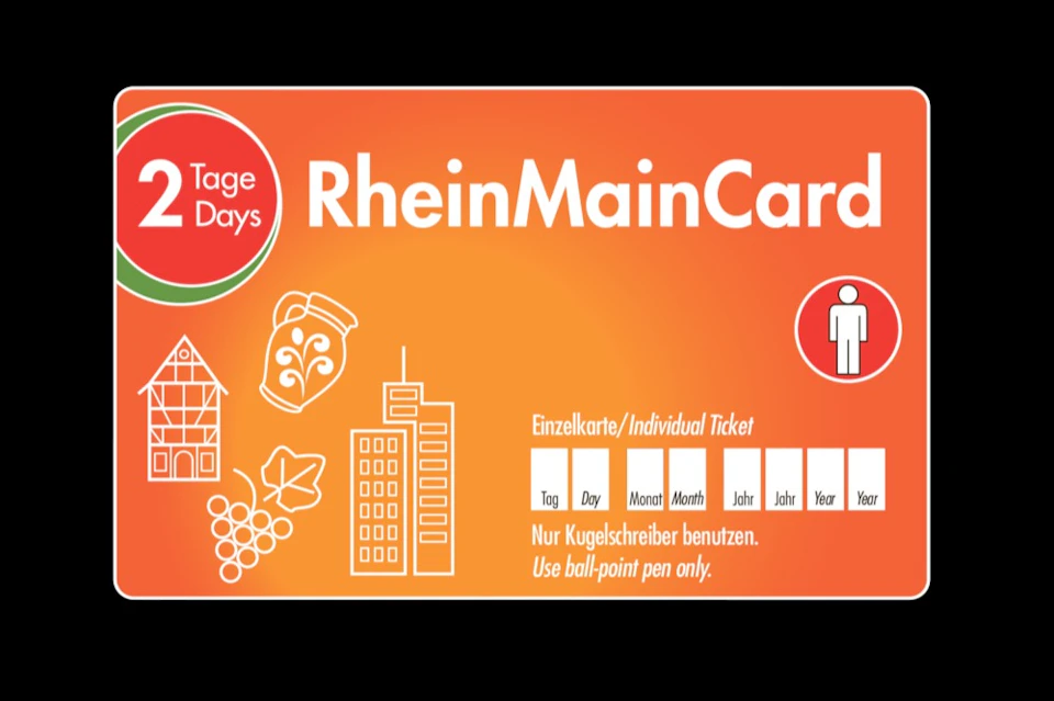 An orange ticket card design labeled 'RheinMainCard' with white text and icons of buildings, grapes, and a pitcher.