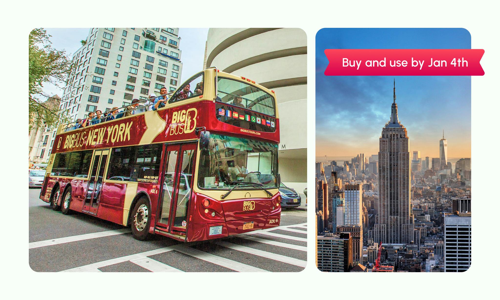 Un autobús turístic vermell Big Bus de Nova York en un carrer, amb el Museu Guggenheim darrere i l'Empire State Building a la dreta.