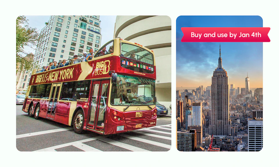 A red Big Bus New York tour bus on a street, with the Guggenheim Museum behind it, and the Empire State Building on the right.