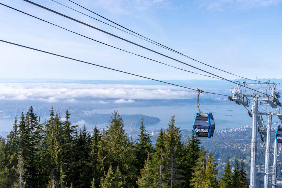 A gondola suspended on cables over a forested area with a view of water, islands, and a distant city under a cloudy sky.