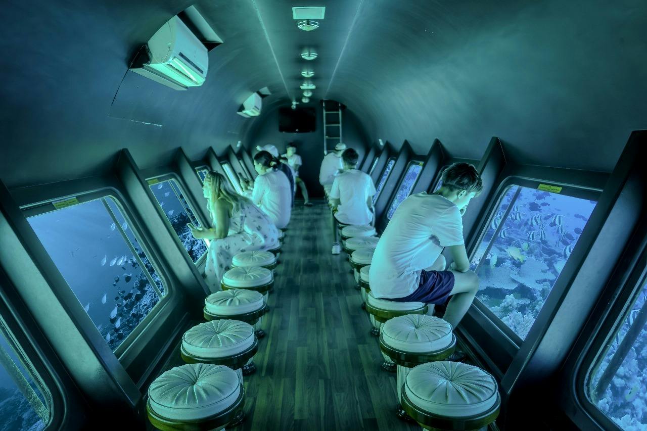 People inside a submarine observing marine life through side windows, seated on stools in a dimly lit interior space.