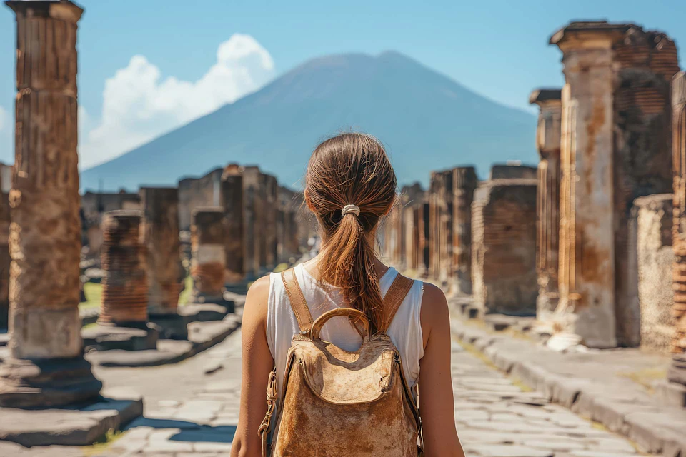 A person with a backpack stands in an ancient ruin with a mountain in the background under a clear blue sky.