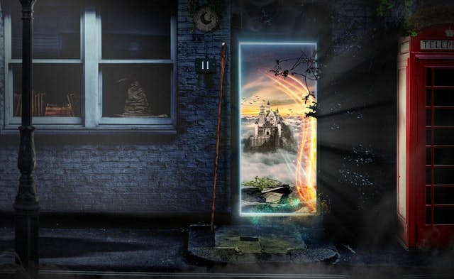 A brick wall with a window and a broomstick leaning against it. A glowing portal reveals a castle in a mystical landscape.