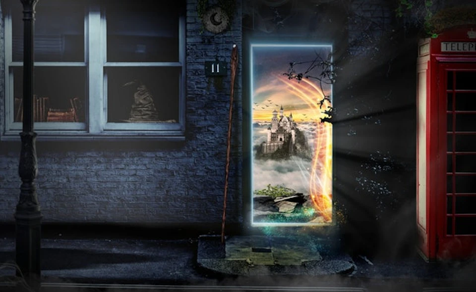 A brick wall with a window and a broomstick leaning against it. A glowing portal reveals a castle in a mystical landscape.