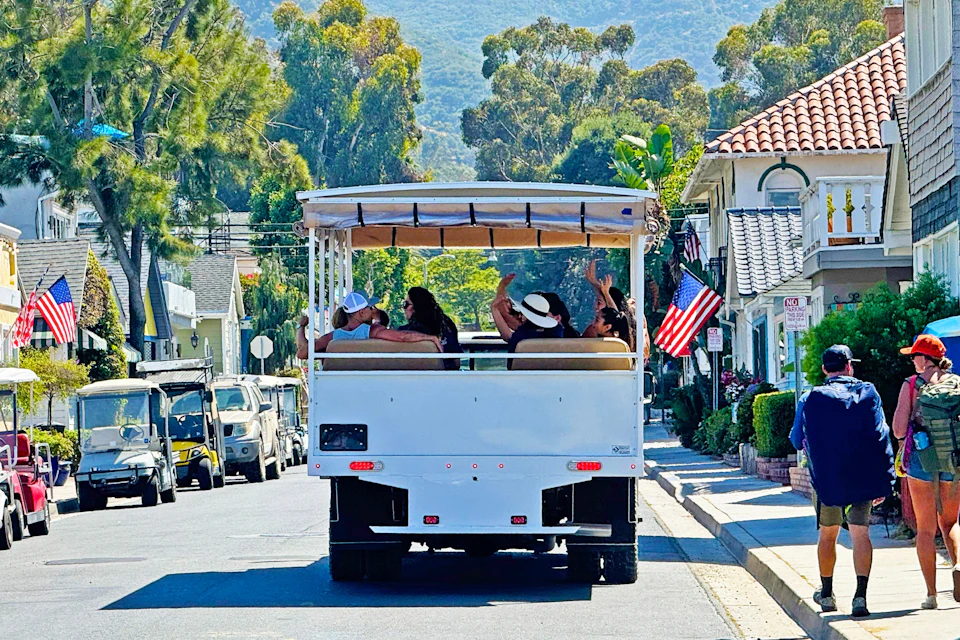 People sitting and chatting on an open tour vehicle driving down a tree-lined street with American flags and parked cars.