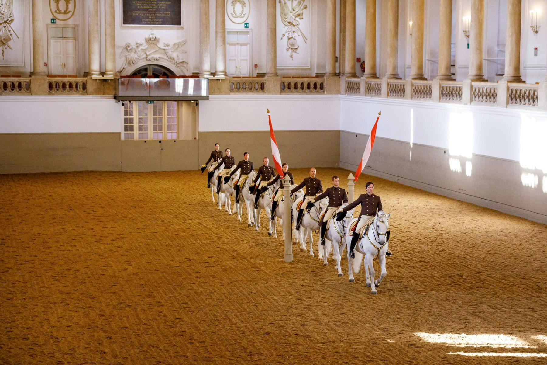 A line of eight riders in brown uniforms on white horses perform in an ornate indoor arena with flags.
