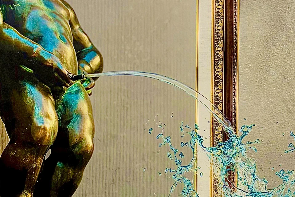 A person reacts dramatically as water appears to splash from a statue depicted in a framed artwork on a wall.