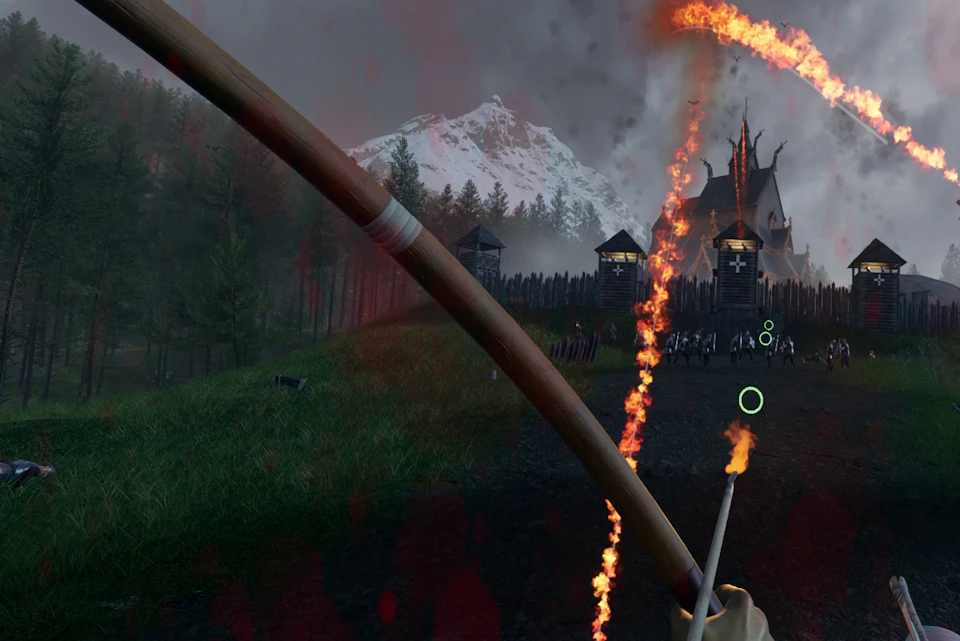 A flaming arrow being launched from a bow towards a medieval fortress with wooden walls, towers, and a burning building in the background.