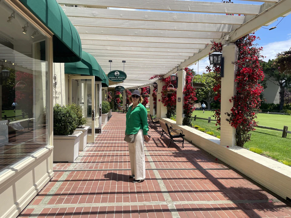 Person standing on a brick walkway under a pergola with greenery and red flowers in the background.