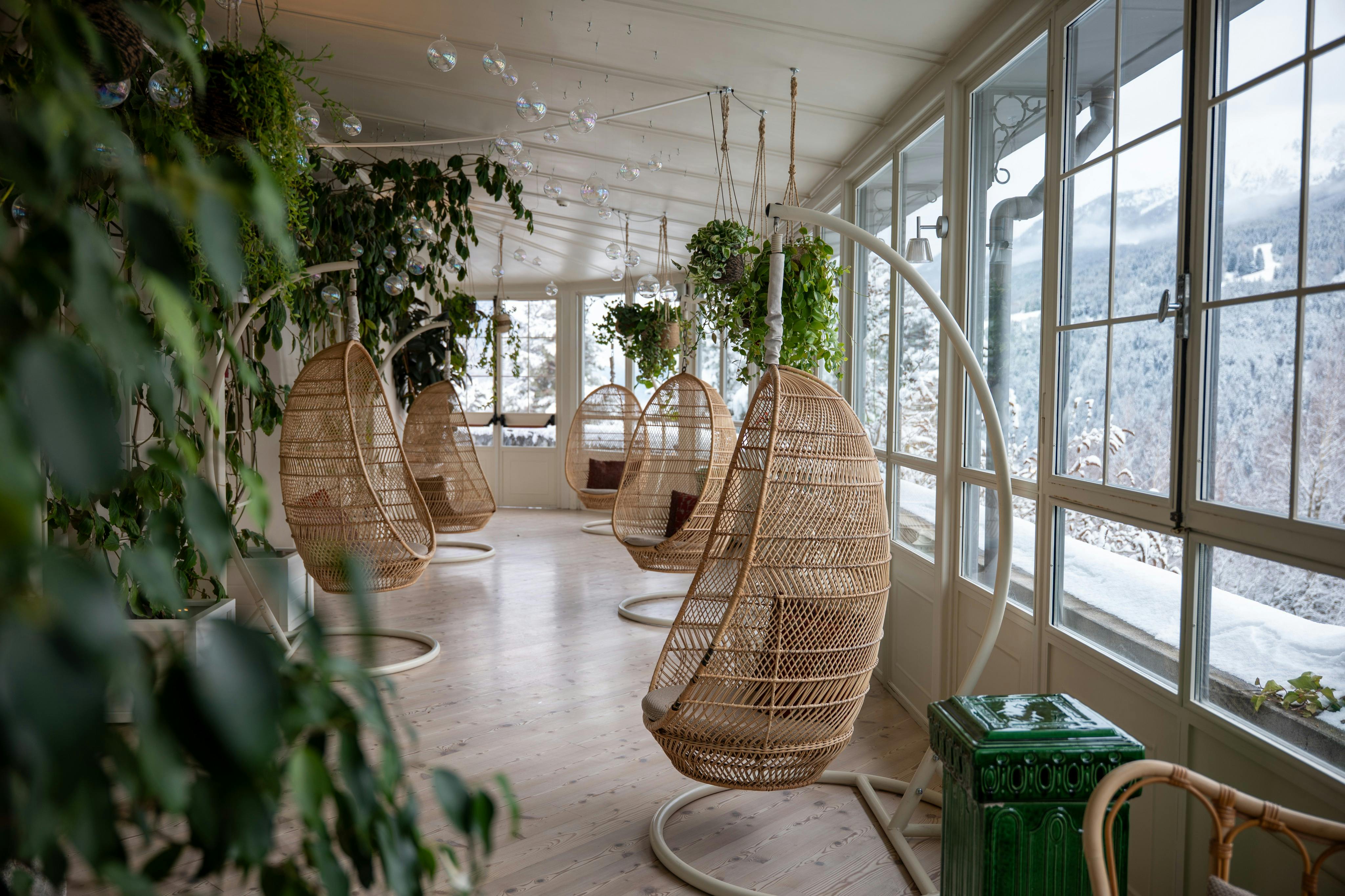 A bright indoor space with wicker hanging chairs, green plants, and large windows overlooking a snowy landscape.
