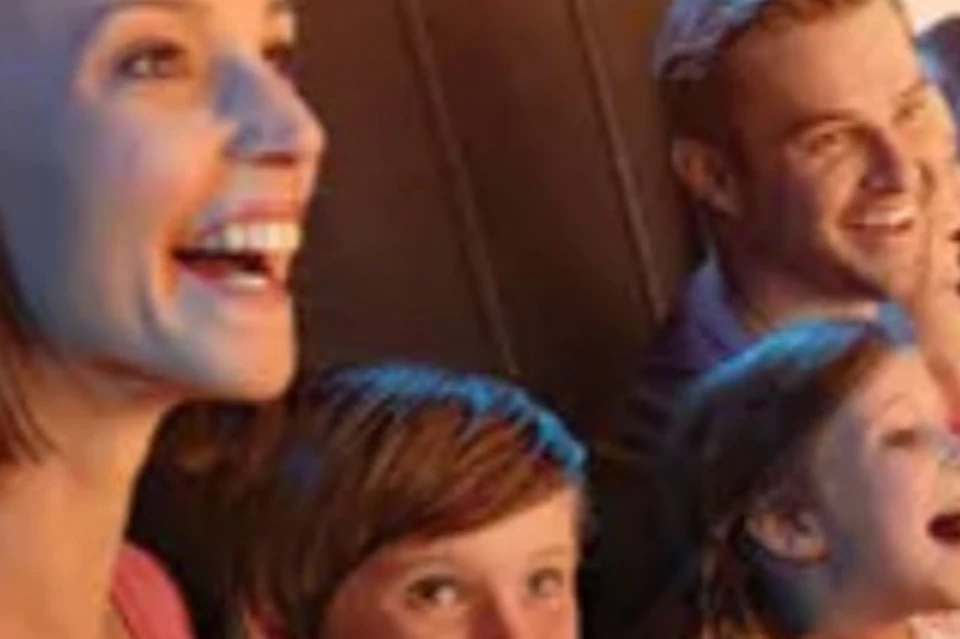 A group of people on an amusement ride, seated and secured, smiling and looking at a scenic projection of a sunny landscape.
