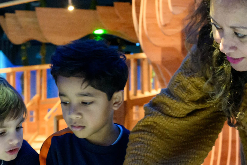 A woman and two children engage with an interactive exhibit in a science museum, under wooden architectural features.
