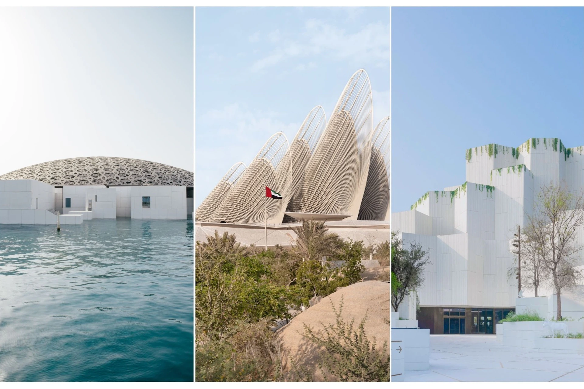 Three architectural landmarks: a dome by water, spiked structures with a UAE flag, and a white modern building.