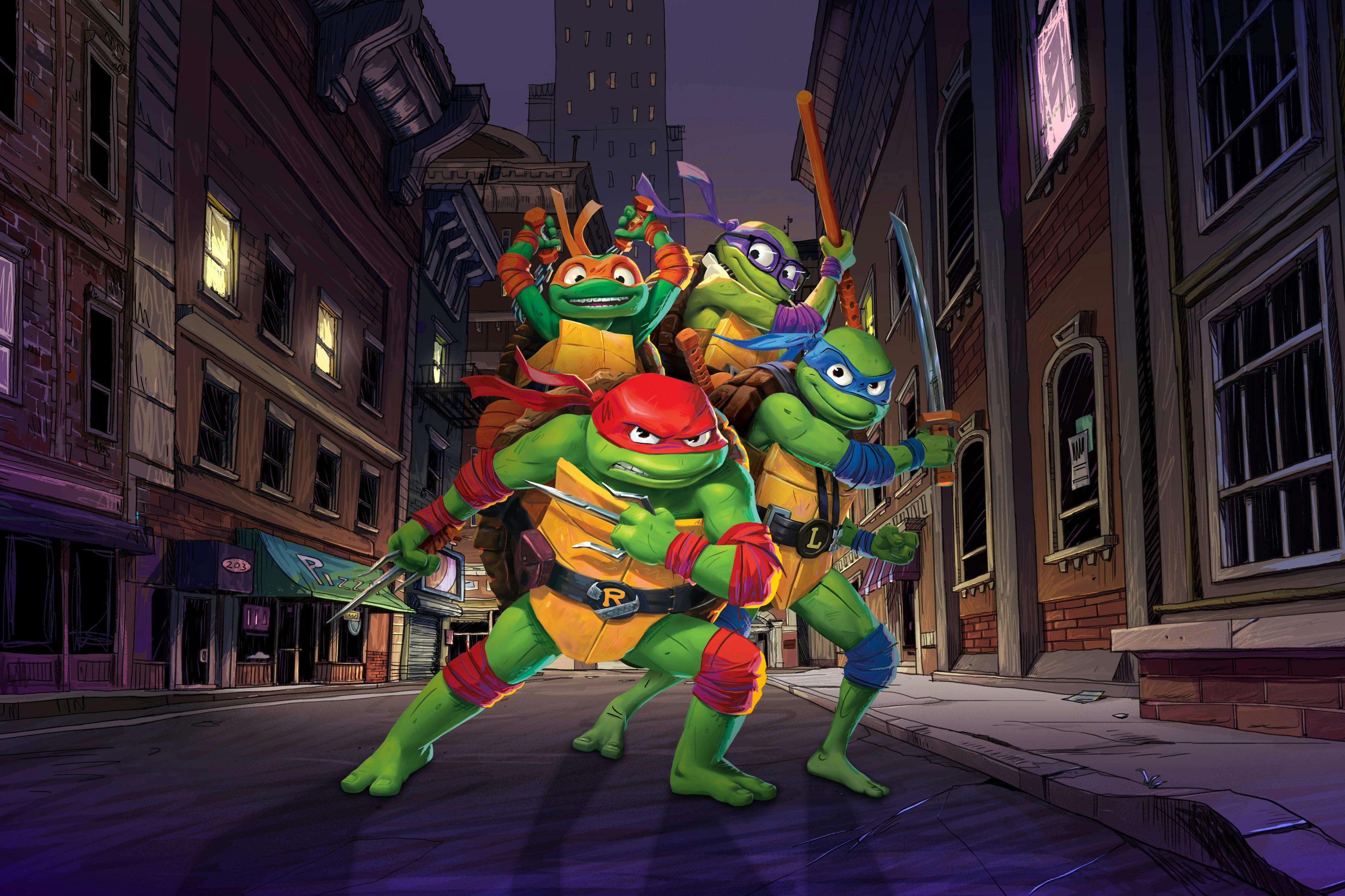 Fyra antropomorfa sköldpaddor i en urban gränd på natten, var och en bär masker och håller olika vapen, redo.